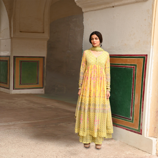 Butter Yellow Mulmul Embroidered Kurta Palazzo Set with Dupatta