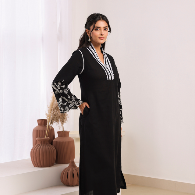 Black Cotton Dobby Kurta Set with Lace Work Neck and Cut Work Sleeves
