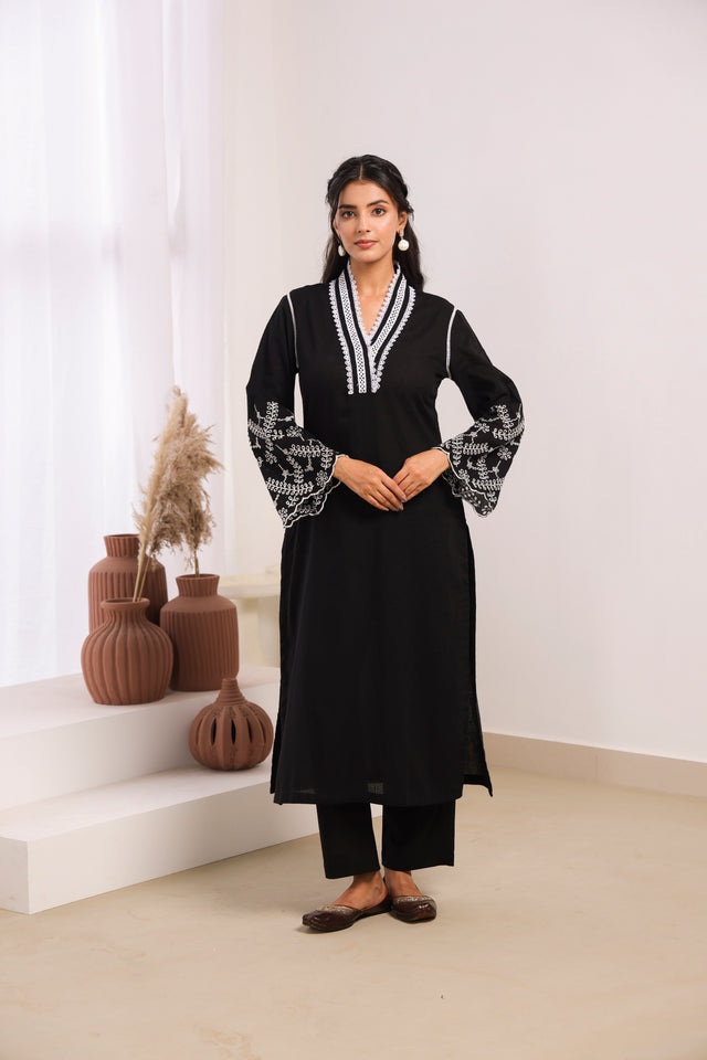 Black Cotton Dobby Kurta Set with Lace Work Neck and Cut Work Sleeves