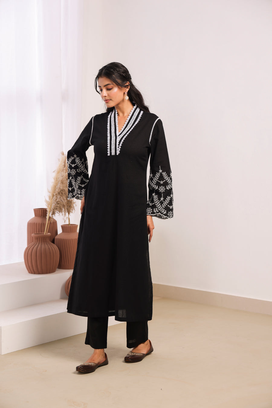 Black Cotton Dobby Kurta Set with Lace Work Neck and Cut Work Sleeves