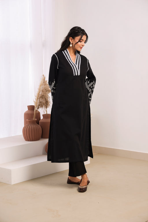 Black Cotton Dobby Kurta Set with Lace Work Neck and Cut Work Sleeves