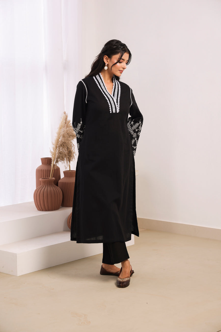 Black Cotton Dobby Kurta Set with Lace Work Neck and Cut Work Sleeves
