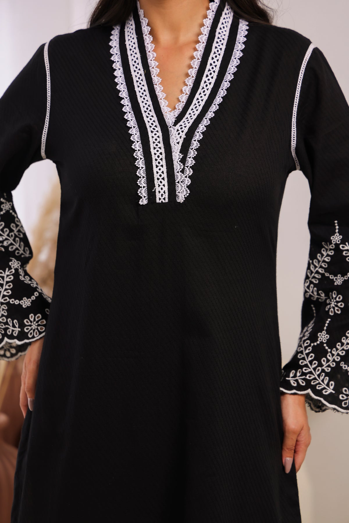 Black Cotton Dobby Kurta Set with Lace Work Neck and Cut Work Sleeves