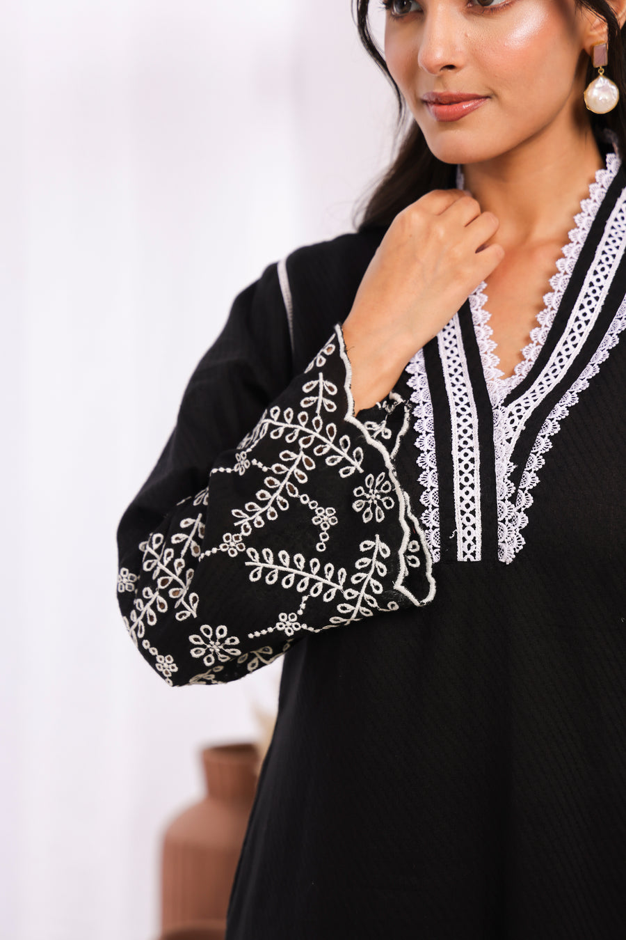 Black Cotton Dobby Kurta Set with Lace Work Neck and Cut Work Sleeves