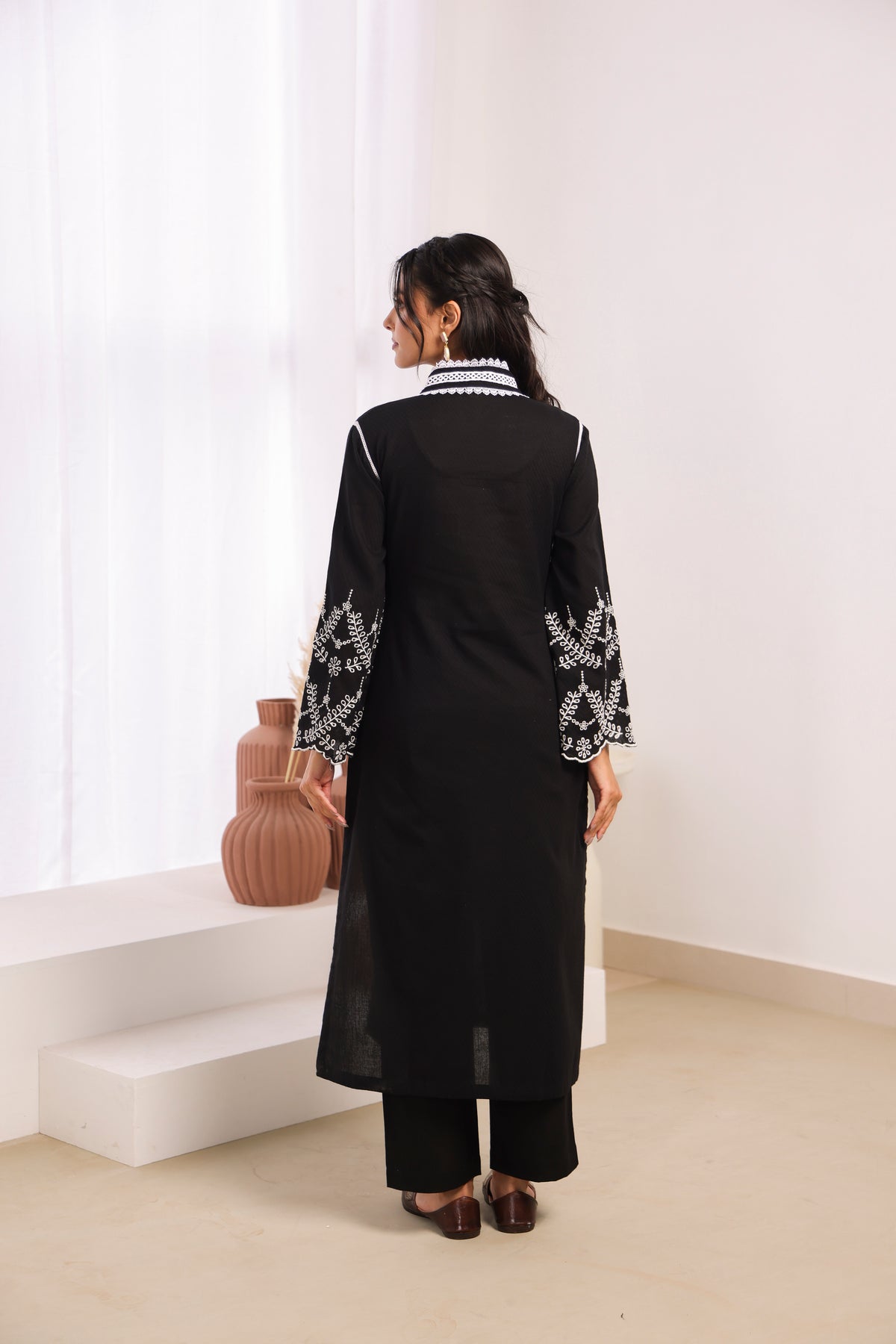 Black Cotton Dobby Kurta Set with Lace Work Neck and Cut Work Sleeves