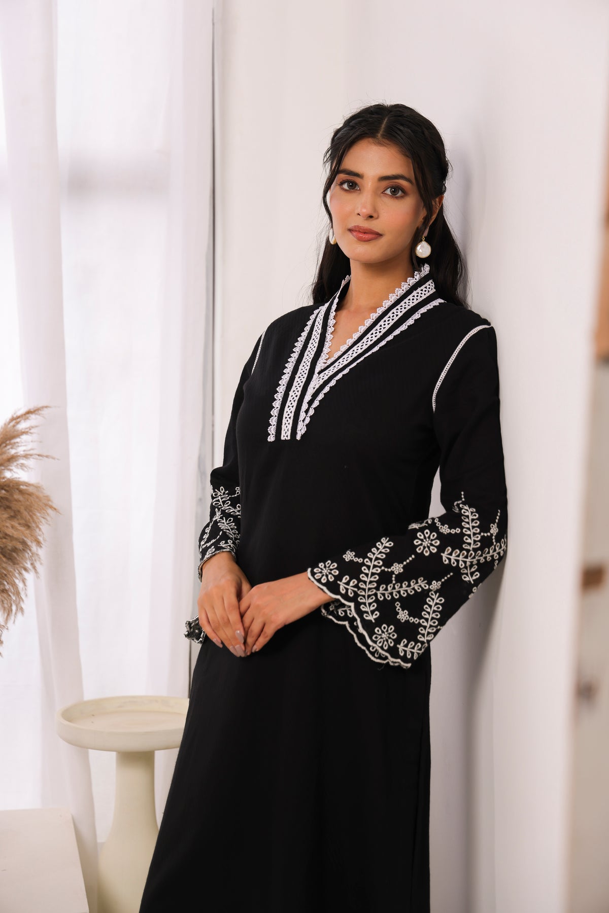 Black Cotton Dobby Kurta Set with Lace Work Neck and Cut Work Sleeves
