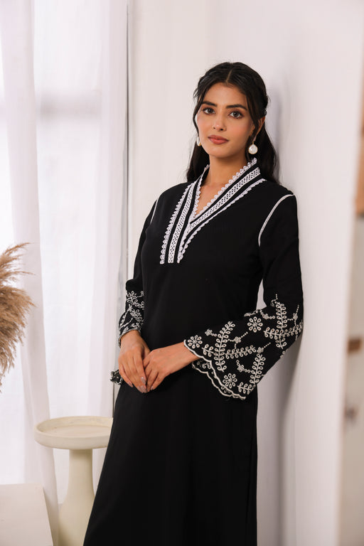Black Cotton Dobby Kurta Set with Lace Work Neck and Cut Work Sleeves