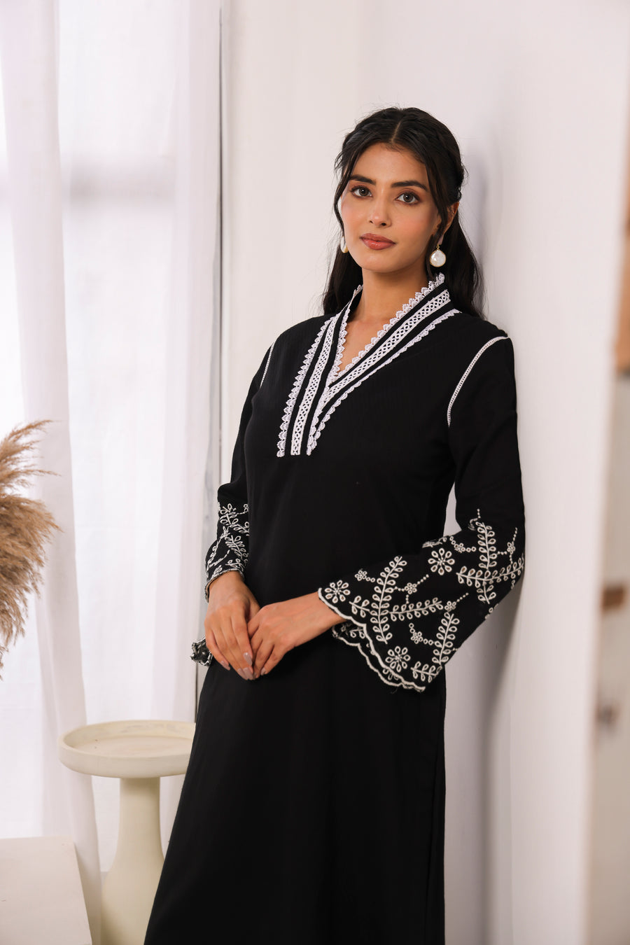 Black Cotton Dobby Kurta Set with Lace Work Neck and Cut Work Sleeves