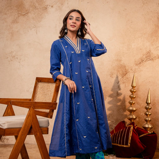 Blue Kota Doria Kurta Set with Zari Gota Aari Work & Polka Print Pants