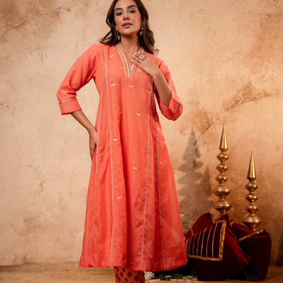 Peach Kota Doria Kurta Set with Zari Gota Aari Work & Polka Print Pants