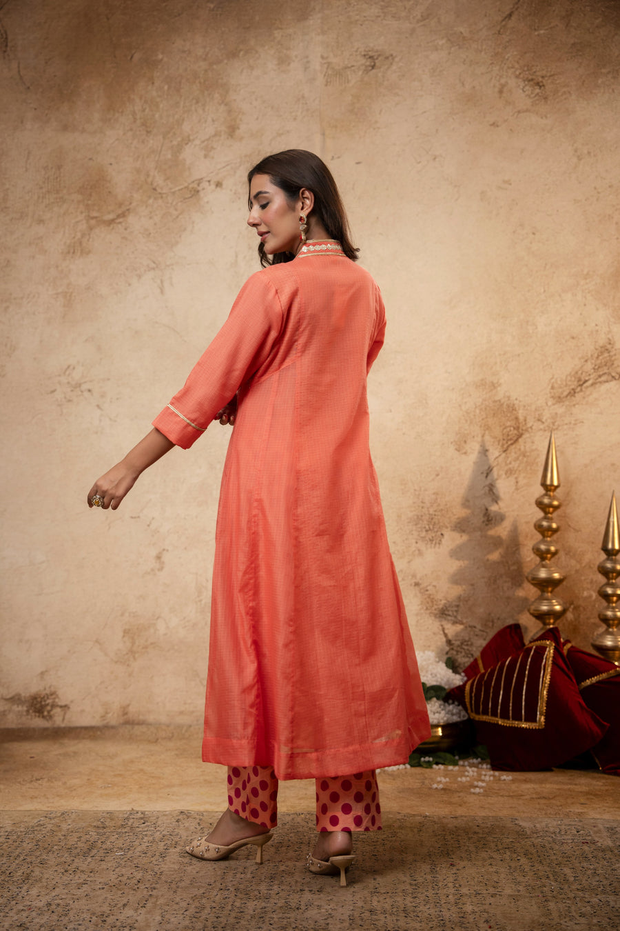 Peach Kota Doria Kurta Set with Zari Gota Aari Work & Polka Print Pants