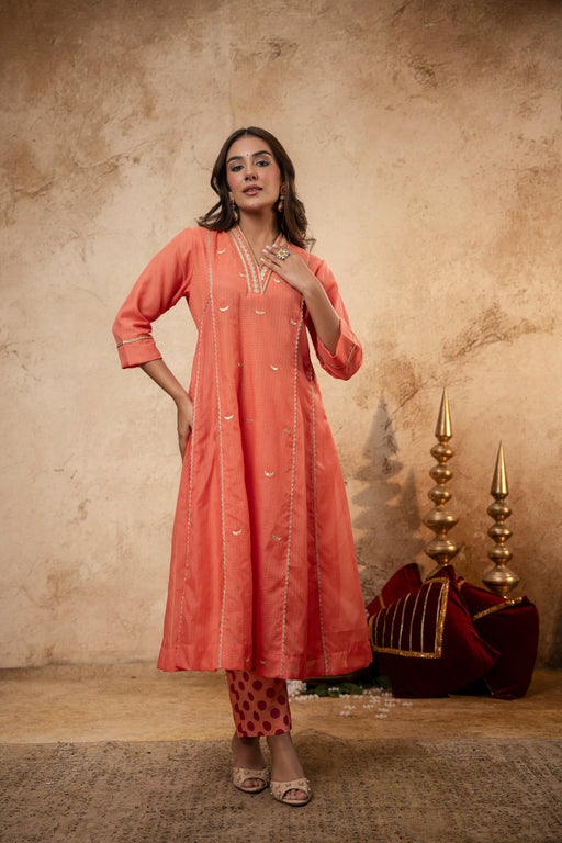 Peach Kota Doria Kurta Set with Zari Gota Aari Work & Polka Print Pants