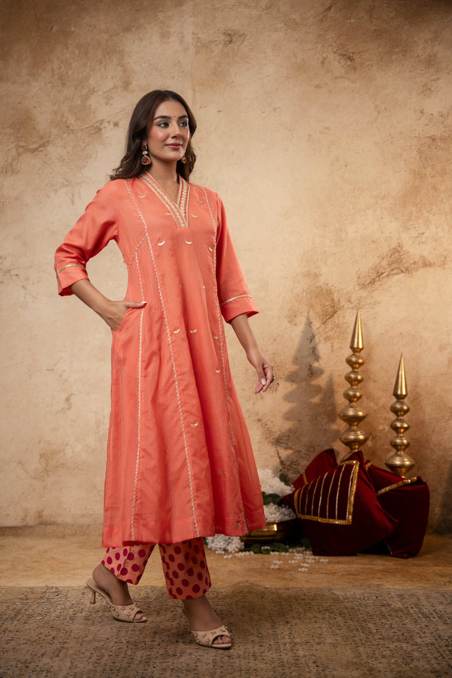 Peach Kota Doria Kurta Set with Zari Gota Aari Work & Polka Print Pants