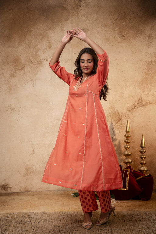 Peach Kota Doria Kurta Set with Zari Gota Aari Work & Polka Print Pants