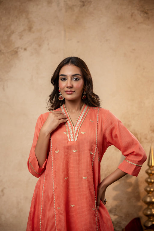 Peach Kota Doria Kurta Set with Zari Gota Aari Work & Polka Print Pants