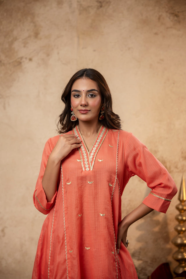 Peach Kota Doria Kurta Set with Zari Gota Aari Work & Polka Print Pants
