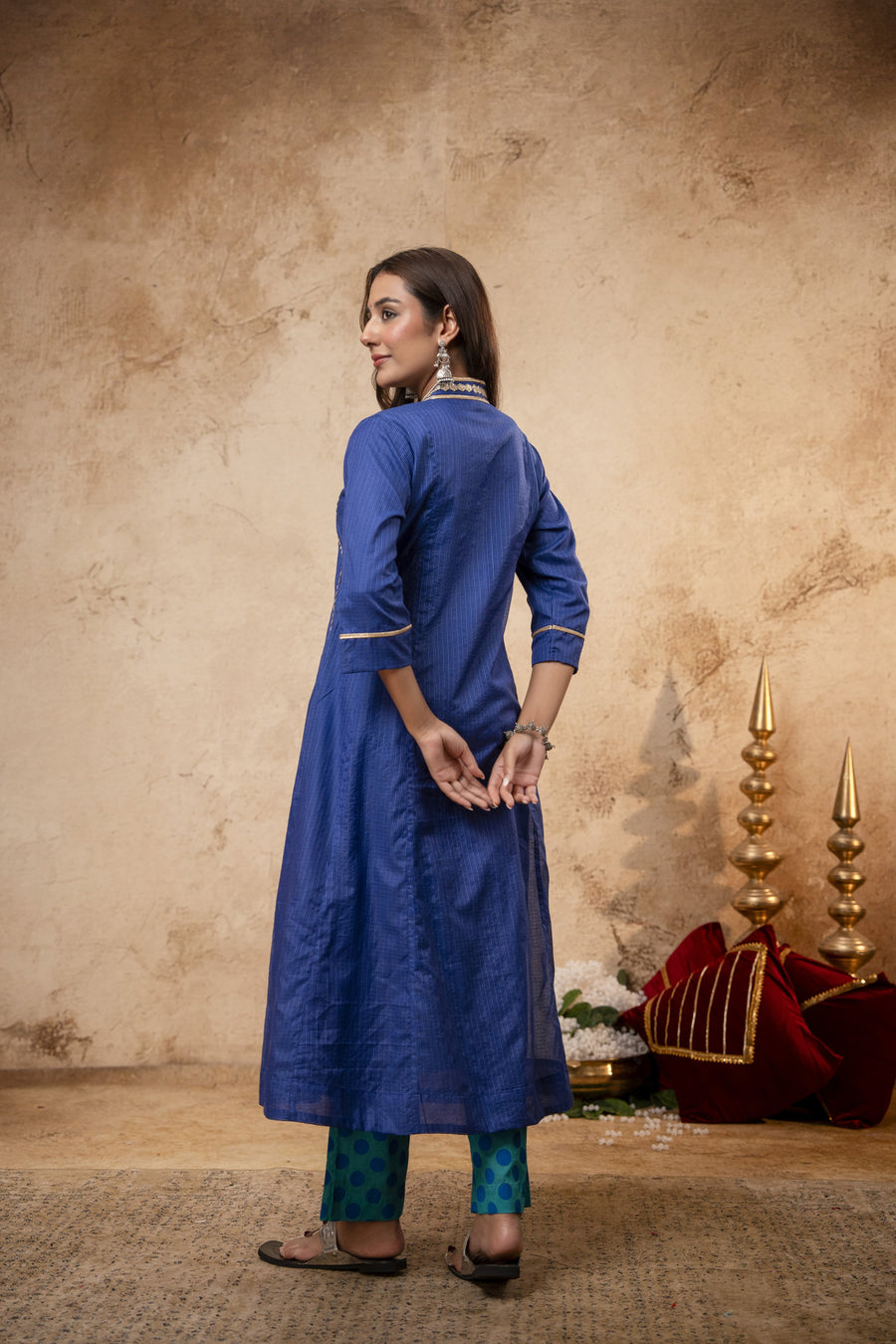 Blue Kota Doria Kurta Set with Zari Gota Aari Work & Polka Print Pants
