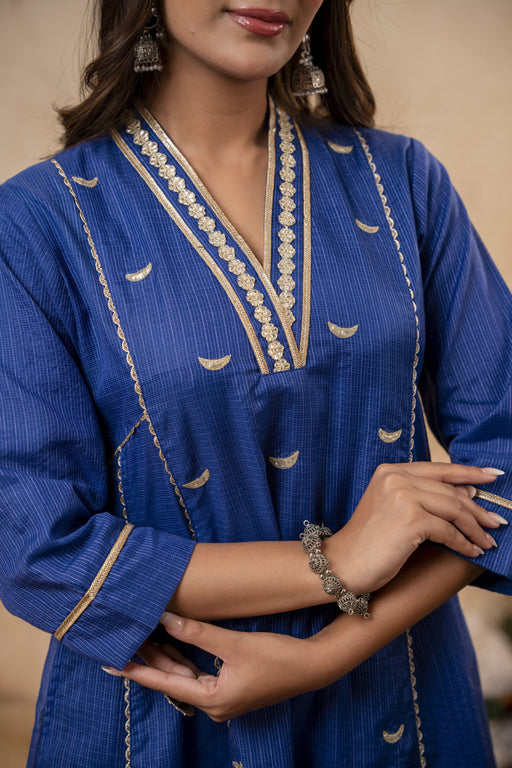 Blue Kota Doria Kurta Set with Zari Gota Aari Work & Polka Print Pants