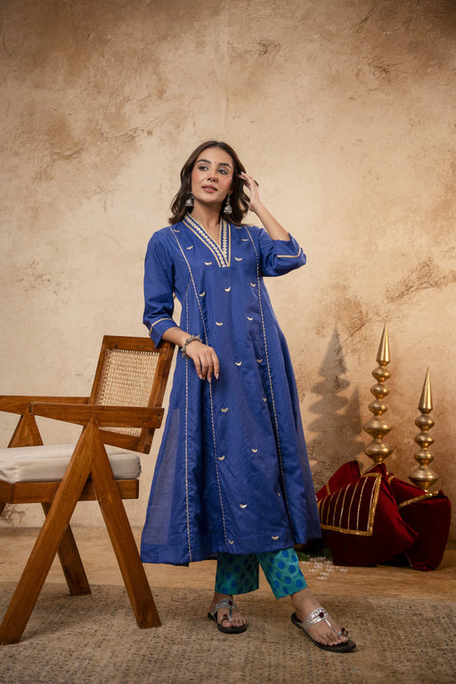 Blue Kota Doria Kurta Set with Zari Gota Aari Work & Polka Print Pants
