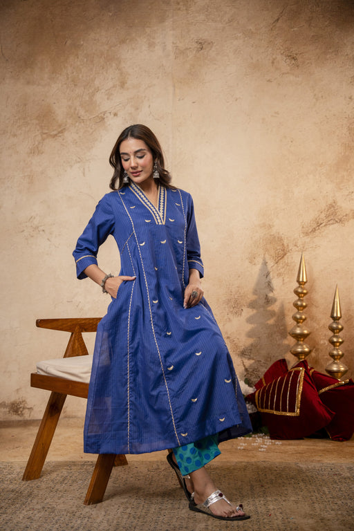 Blue Kota Doria Kurta Set with Zari Gota Aari Work & Polka Print Pants