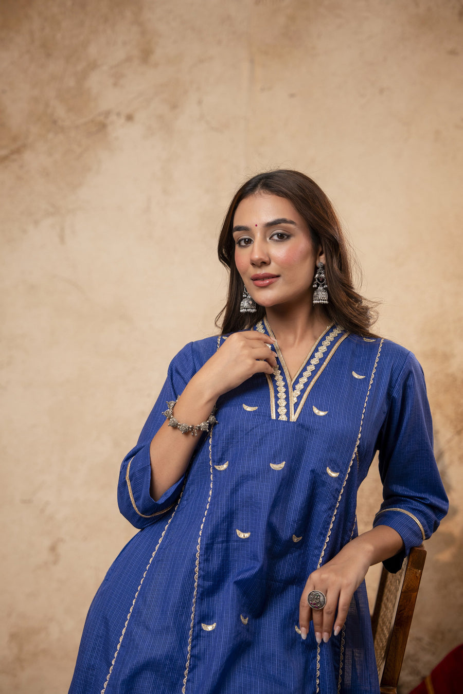 Blue Kota Doria Kurta Set with Zari Gota Aari Work & Polka Print Pants
