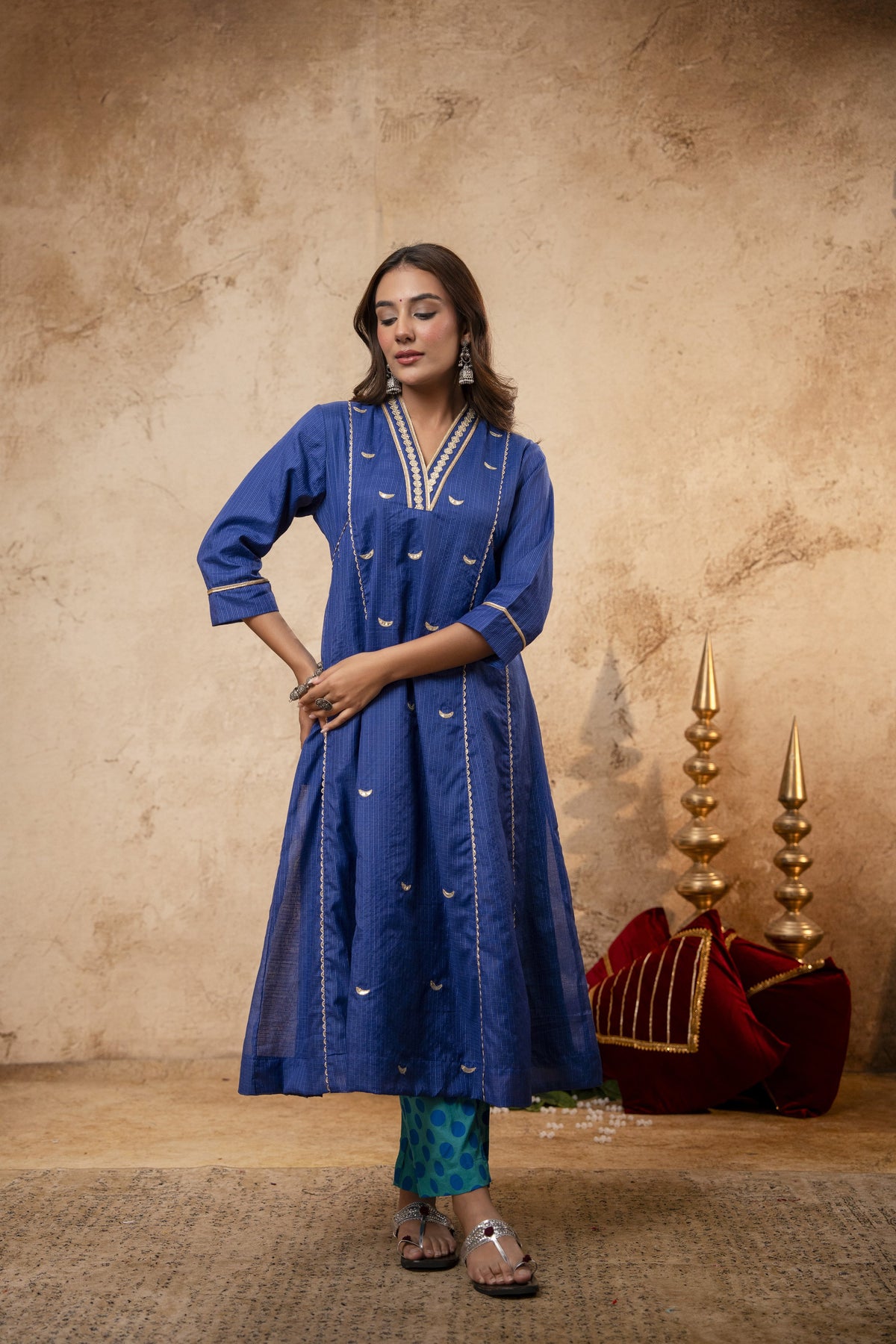 Blue Kota Doria Kurta Set with Zari Gota Aari Work & Polka Print Pants