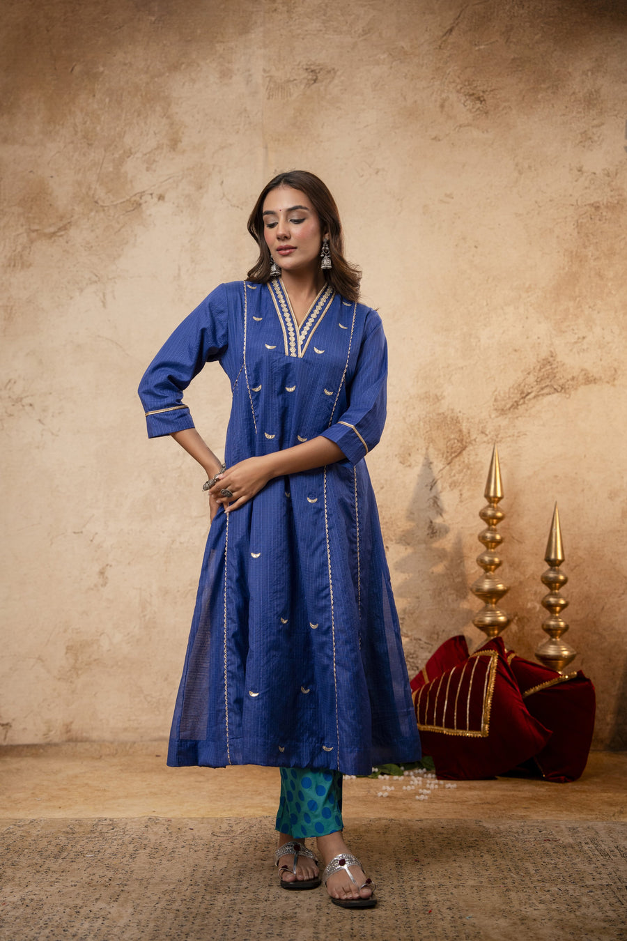 Blue Kota Doria Kurta Set with Zari Gota Aari Work & Polka Print Pants