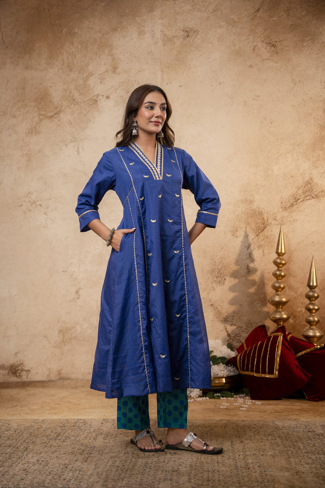 Blue Kota Doria Kurta Set with Zari Gota Aari Work & Polka Print Pants