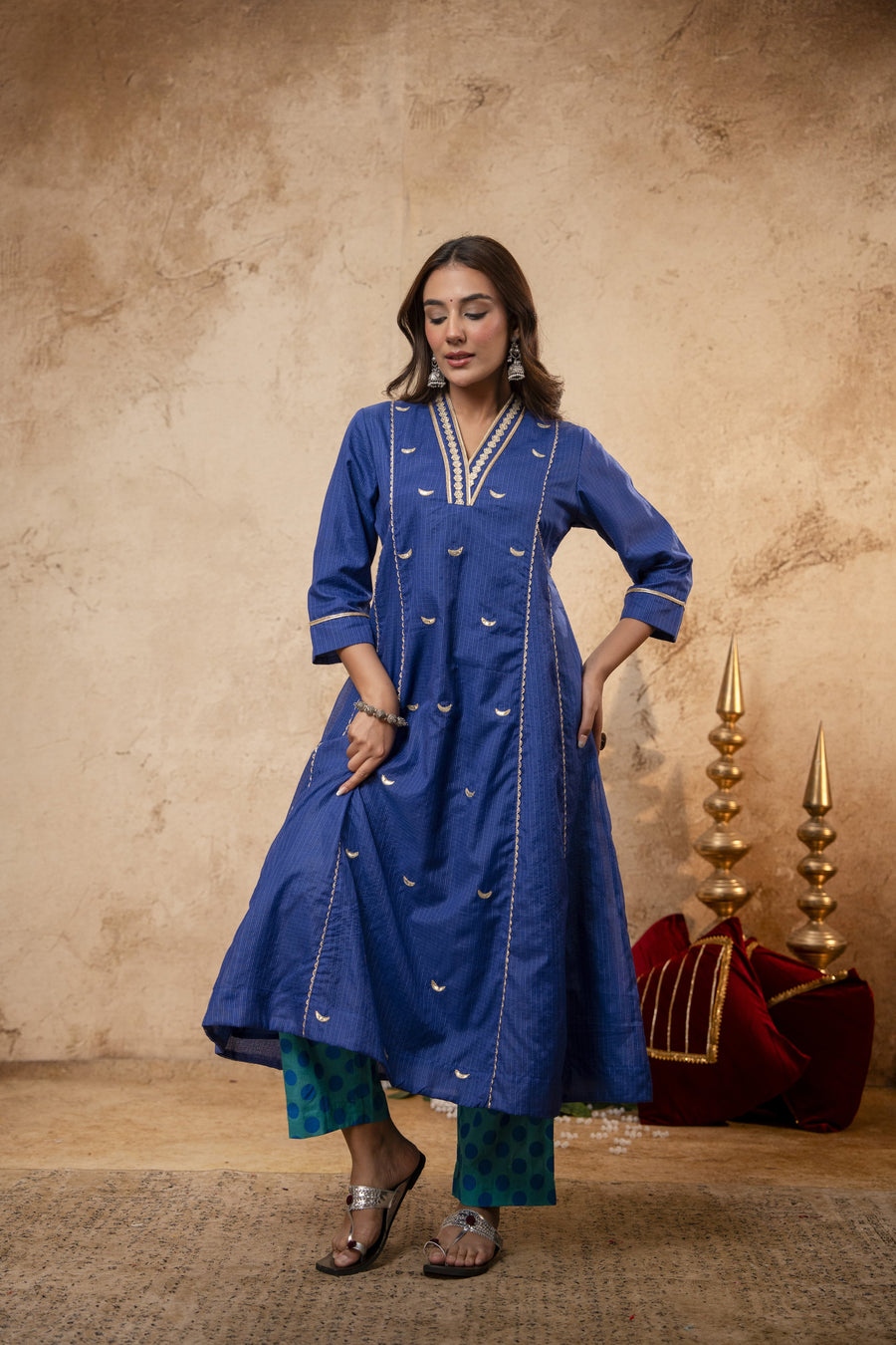 Blue Kota Doria Kurta Set with Zari Gota Aari Work & Polka Print Pants