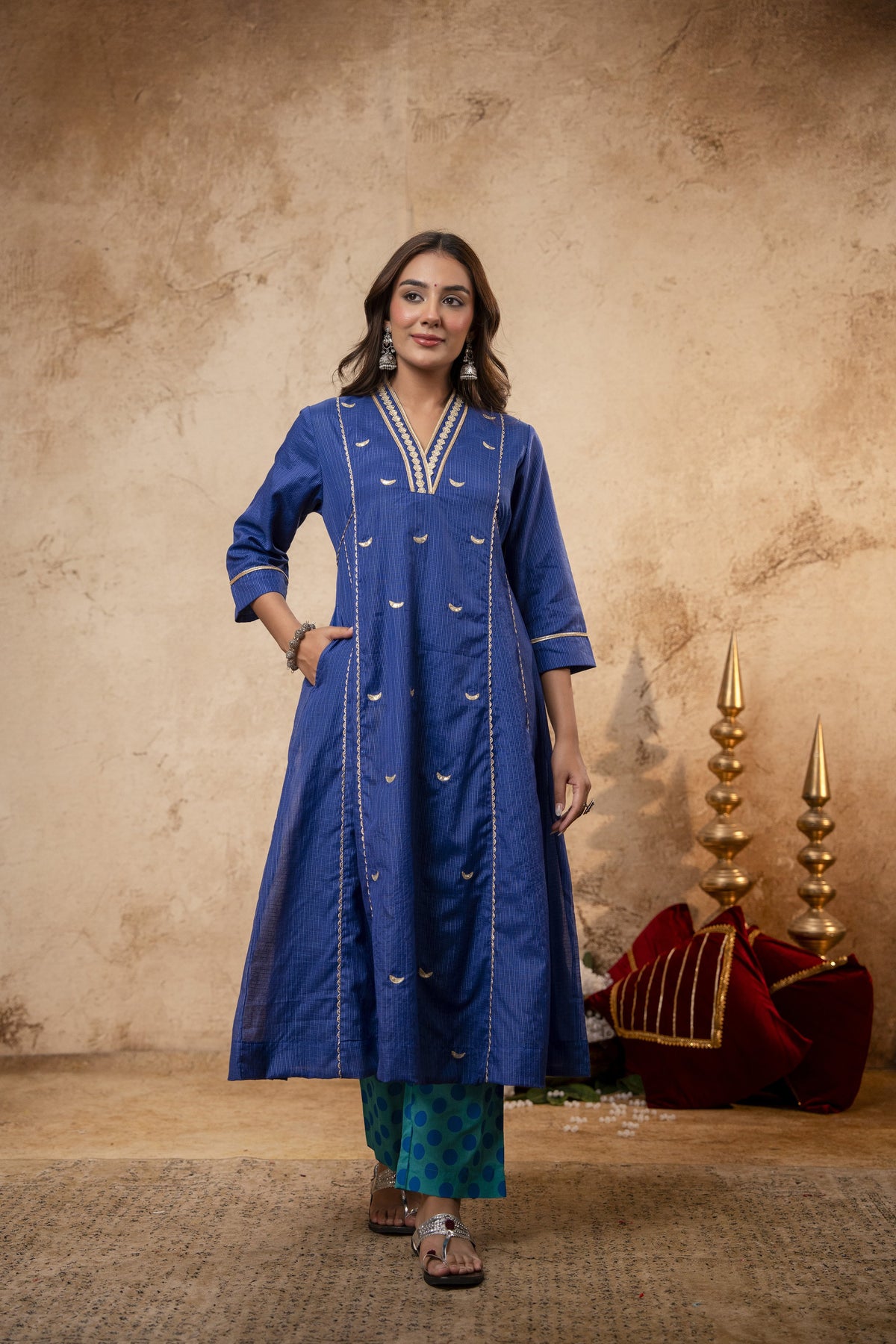Blue Kota Doria Kurta Set with Zari Gota Aari Work & Polka Print Pants