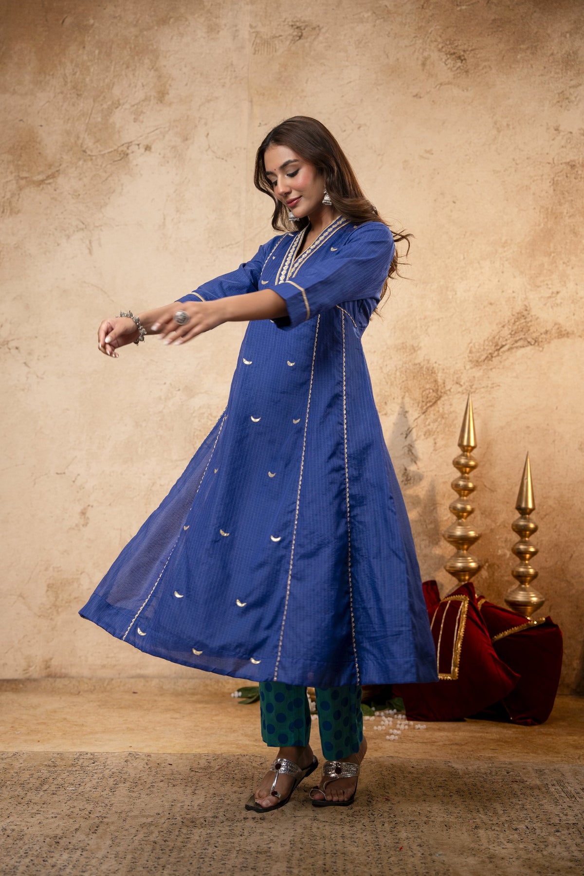 Blue Kota Doria Kurta Set with Zari Gota Aari Work & Polka Print Pants