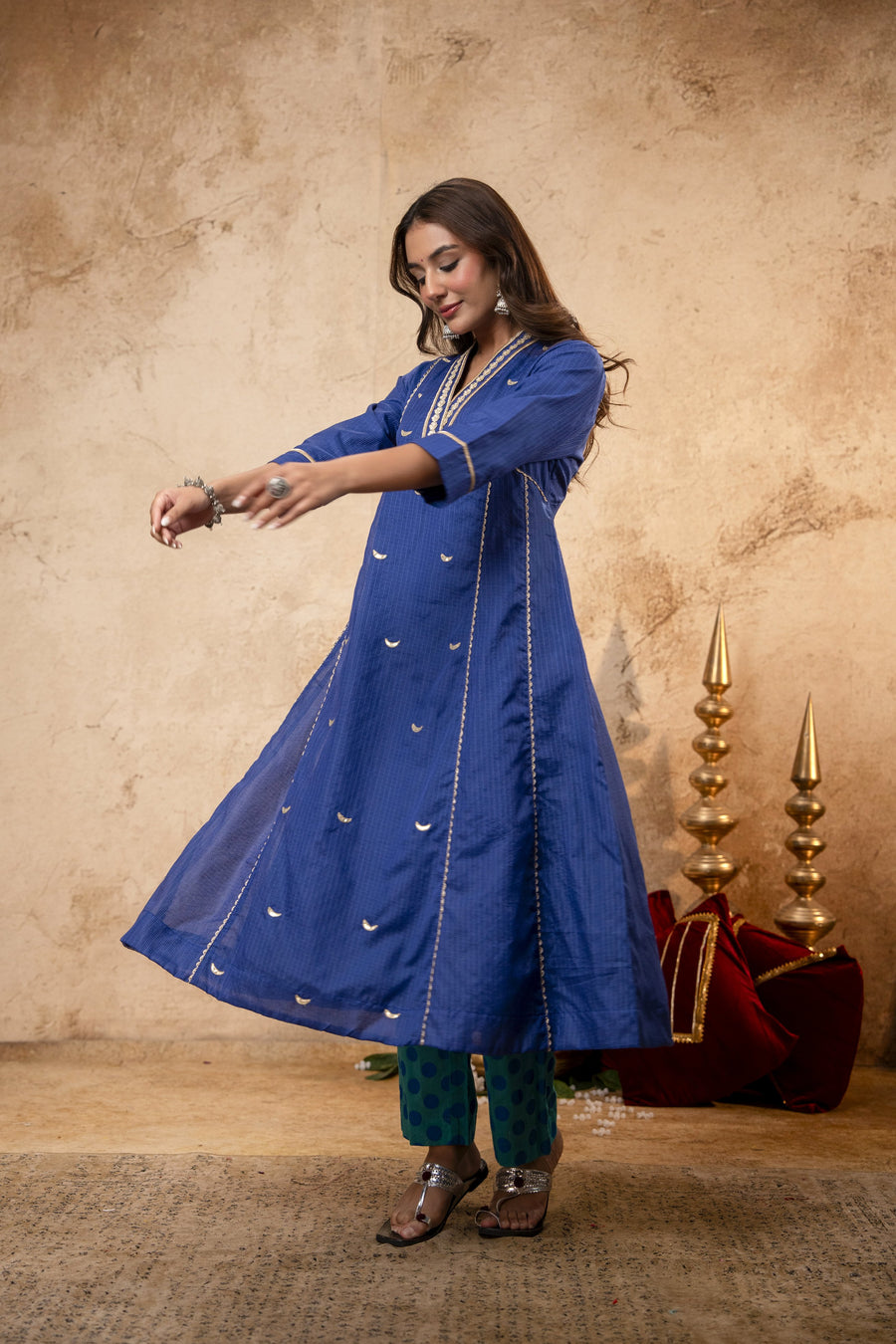 Blue Kota Doria Kurta Set with Zari Gota Aari Work & Polka Print Pants