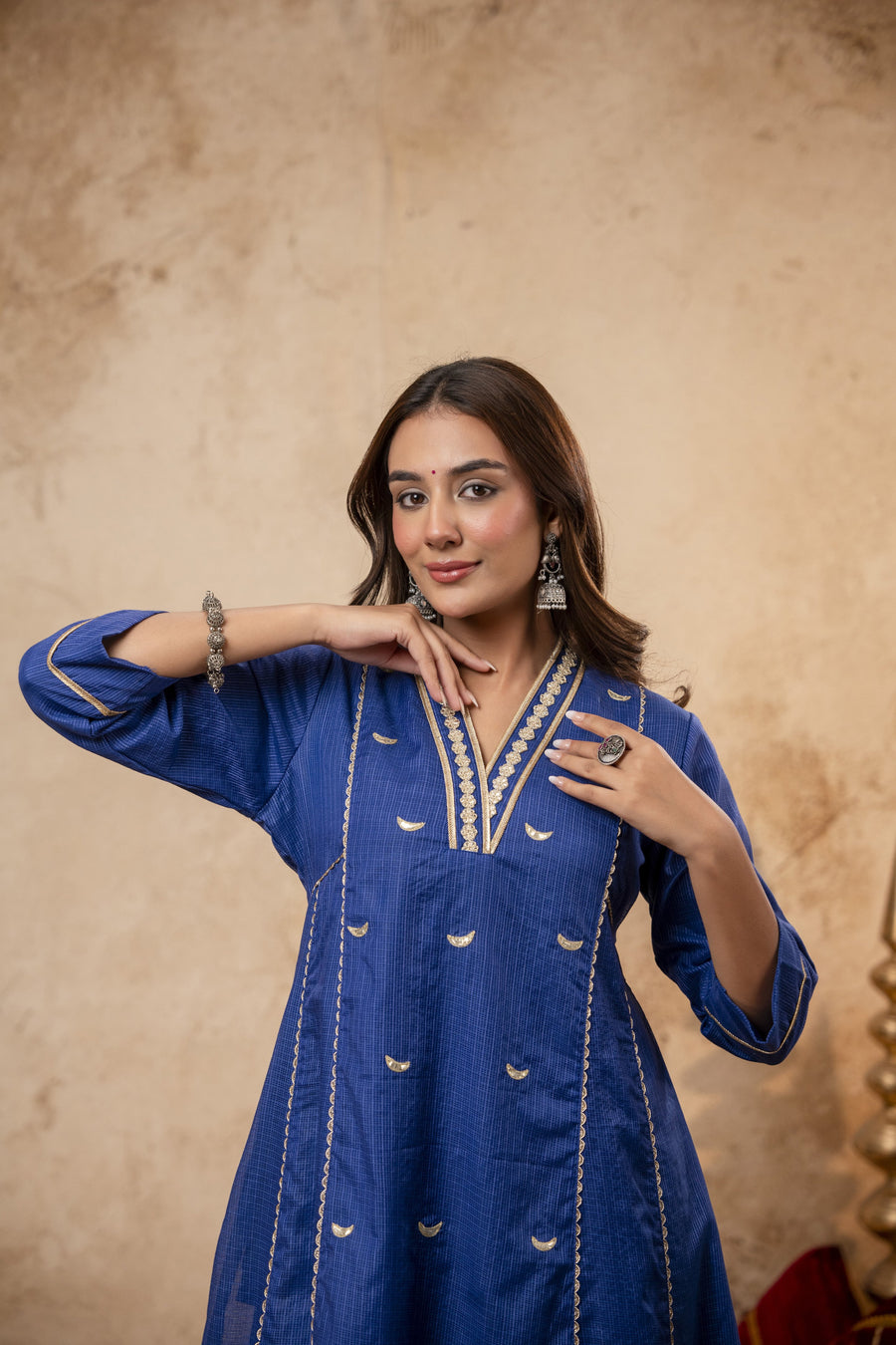 Blue Kota Doria Kurta Set with Zari Gota Aari Work & Polka Print Pants
