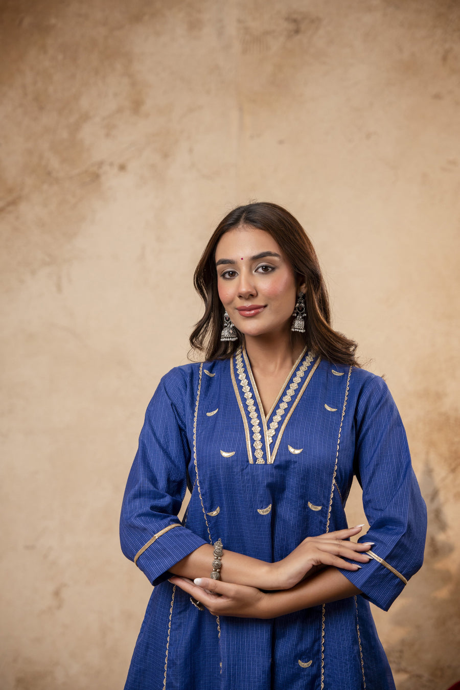 Blue Kota Doria Kurta Set with Zari Gota Aari Work & Polka Print Pants