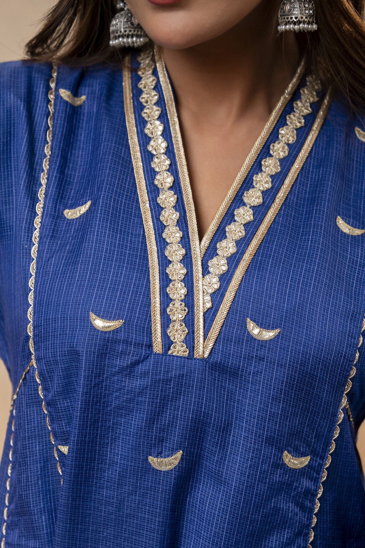 Blue Kota Doria Kurta Set with Zari Gota Aari Work & Polka Print Pants
