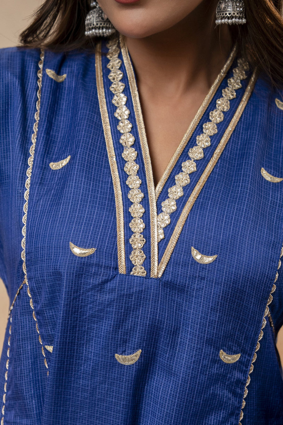 Blue Kota Doria Kurta Set with Zari Gota Aari Work & Polka Print Pants
