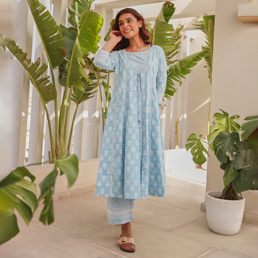 Blue Double Layer Front Open Chunakhari Printed Cotton Lace Work Kurta Set