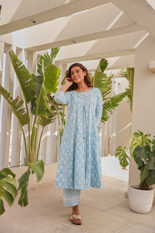 Blue Double Layer Front Open Chunakhari Printed Cotton Lace Work Kurta Set