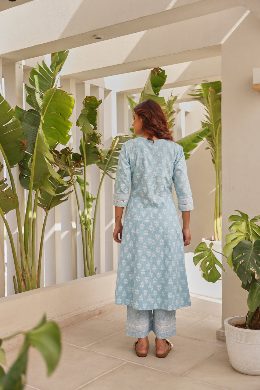 Blue Double Layer Front Open Chunakhari Printed Cotton Lace Work Kurta Set