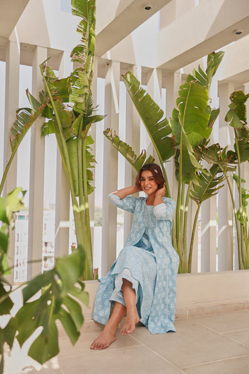 Blue Double Layer Front Open Chunakhari Printed Cotton Lace Work Kurta Set