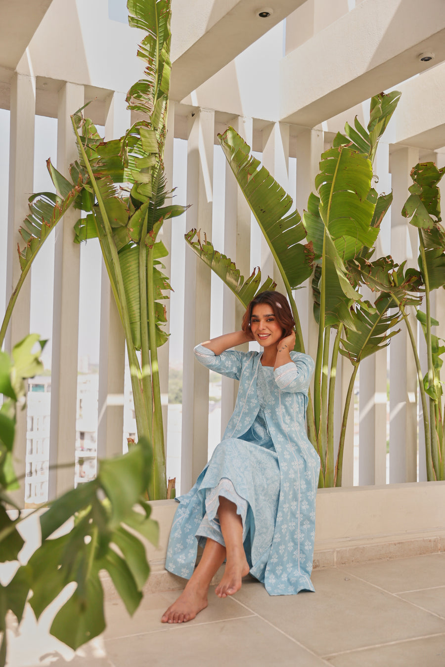 Blue Double Layer Front Open Chunakhari Printed Cotton Lace Work Kurta Set