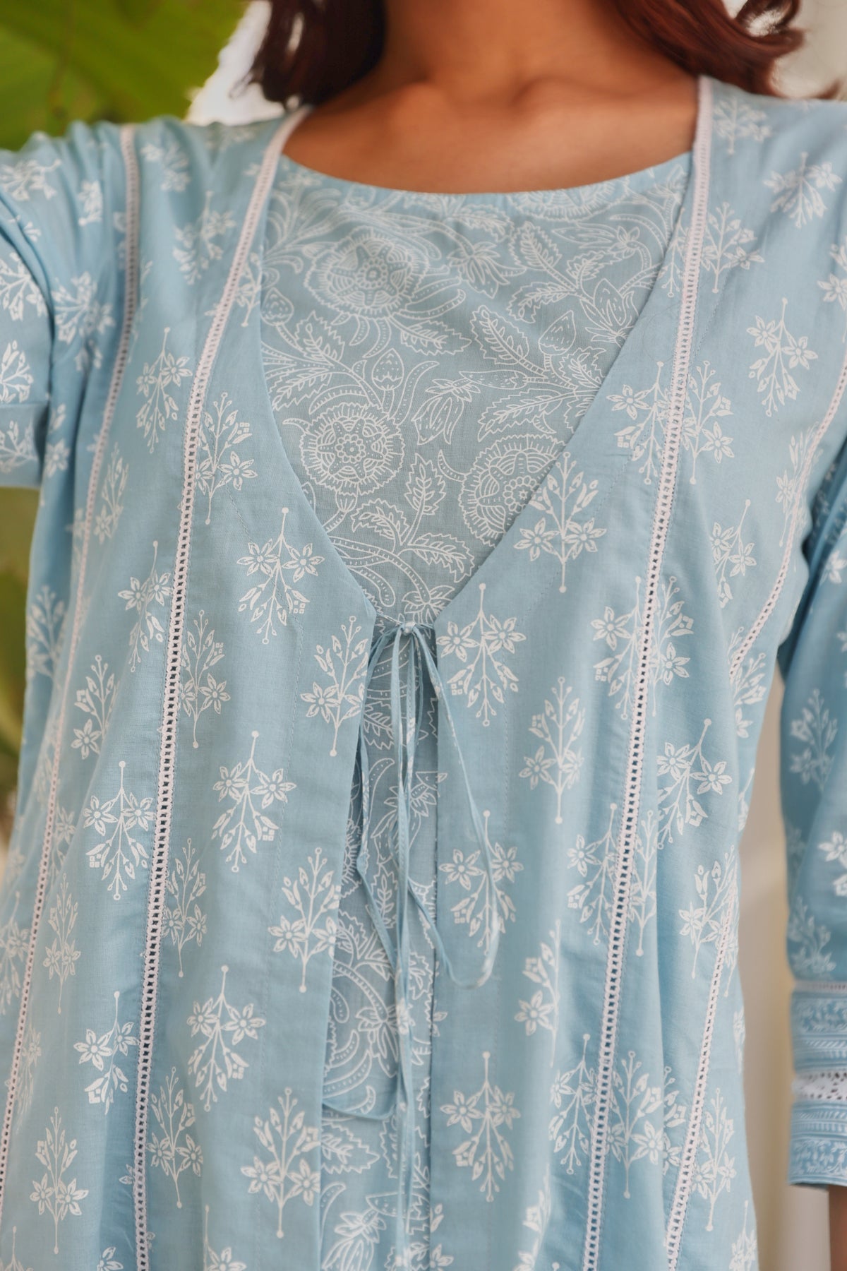 Blue Double Layer Front Open Chunakhari Printed Cotton Lace Work Kurta Set