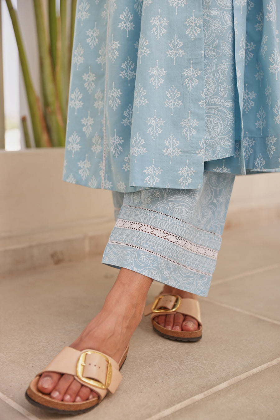 Blue Double Layer Front Open Chunakhari Printed Cotton Lace Work Kurta Set