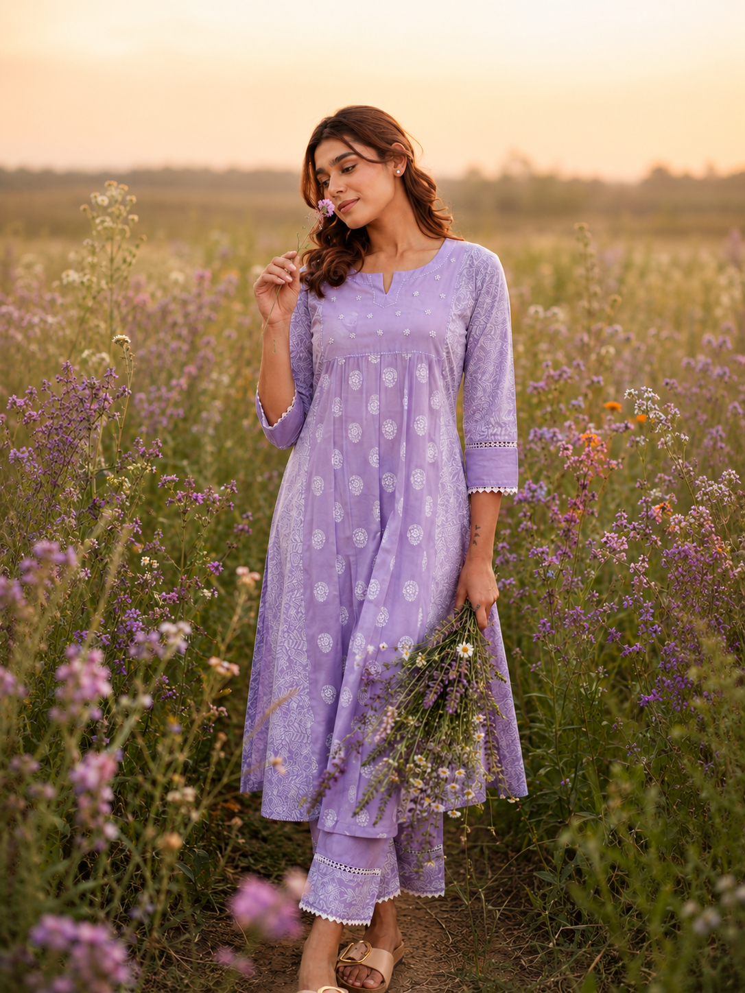 Lavender Chunakhari Printed Cotton Kurta Set with Lace & Pearl Work