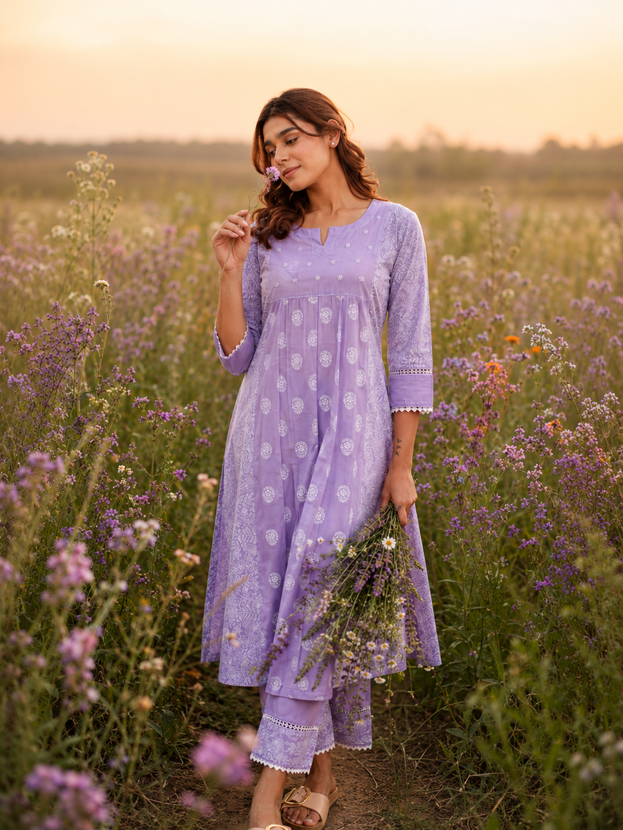 Lavender Chunakhari Printed Cotton Kurta Set with Lace & Pearl Work