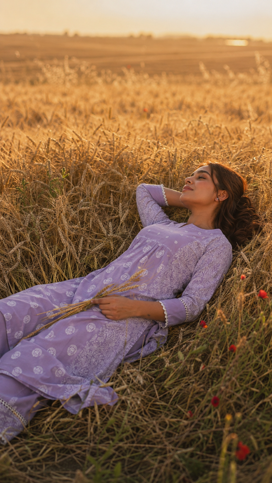 Lavender Chunakhari Printed Cotton Kurta Set with Lace & Pearl Work