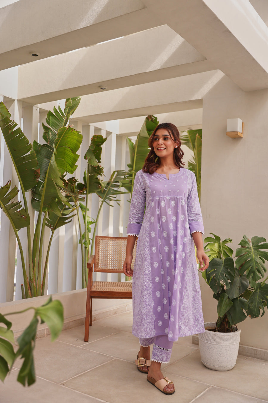 Lavender Chunakhari Printed Cotton Kurta Set with Lace & Pearl Work