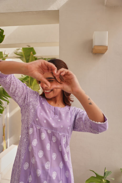 Lavender Chunakhari Printed Cotton Kurta Set with Lace & Pearl Work