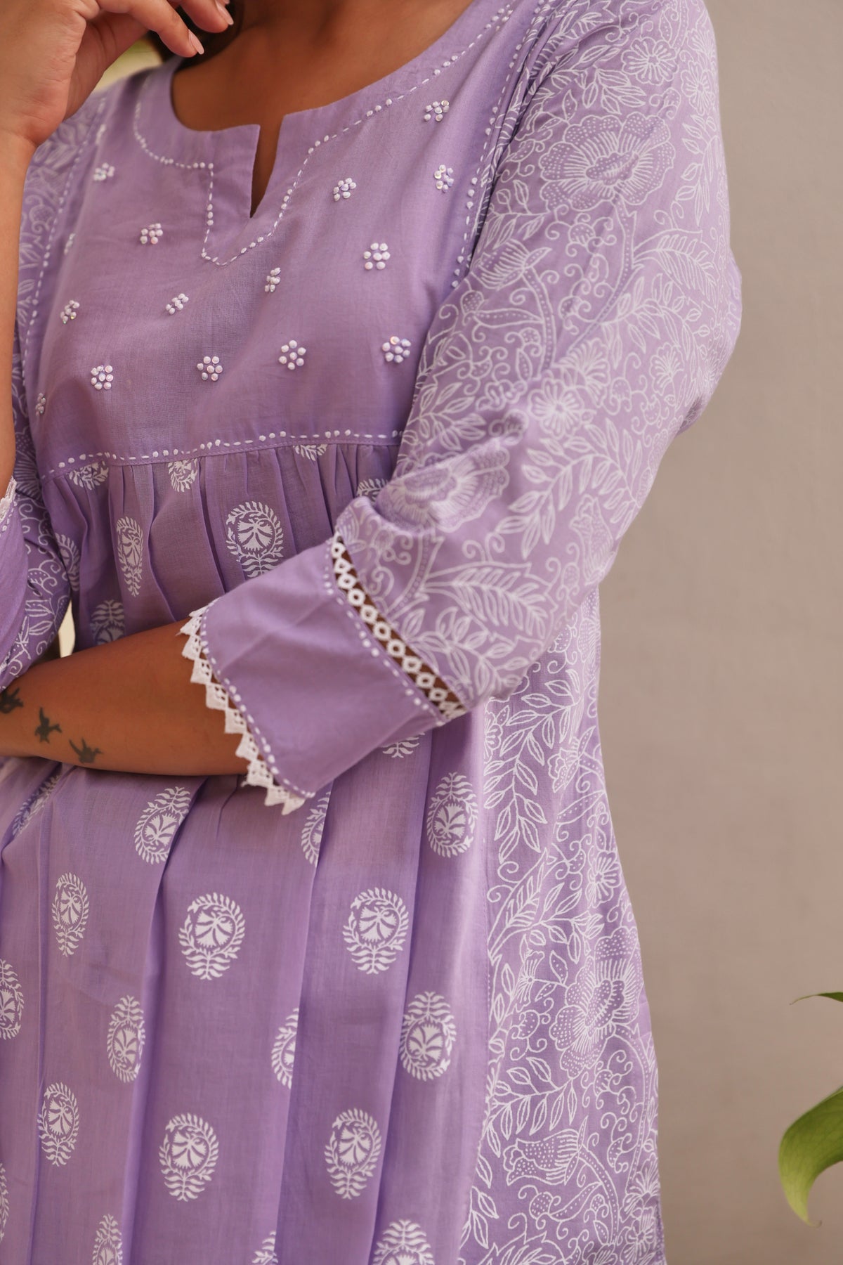 Lavender Chunakhari Printed Cotton Kurta Set with Lace & Pearl Work