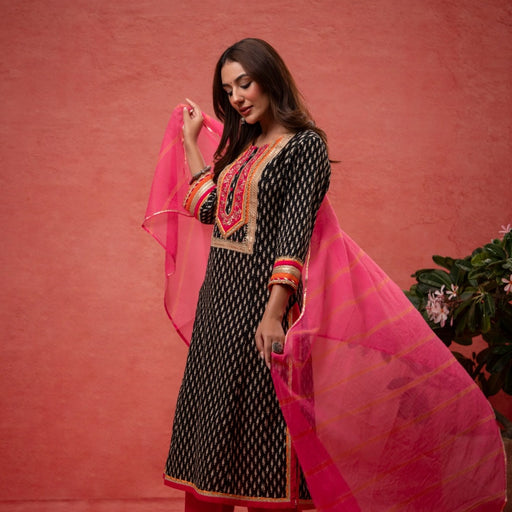 Gota Patti Embroidery Black Cotton Suit Set with Kota Doria Dupatta